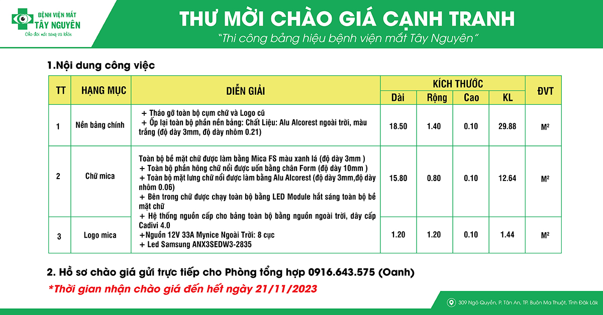 THƯ MỜI CHÀO GIÁ CẠNH TRANH “Thi công bảng hiệu bệnh viện mắt Tây Nguyên"